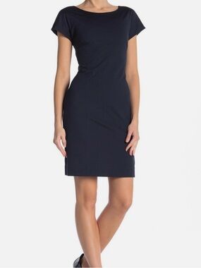 Theory Andrizza Navy Soft Seersucker Twist Back Cutout Mini Dress